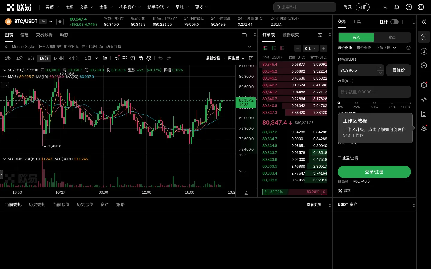 欧易 BTC/USDT 现货交易页面及下单面板