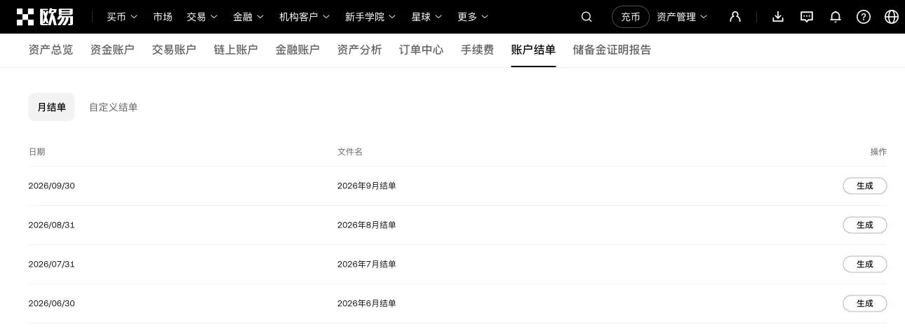 欧易「账户结单」页:按月生成结单,也可以在「自定义结单」里选时间范围
