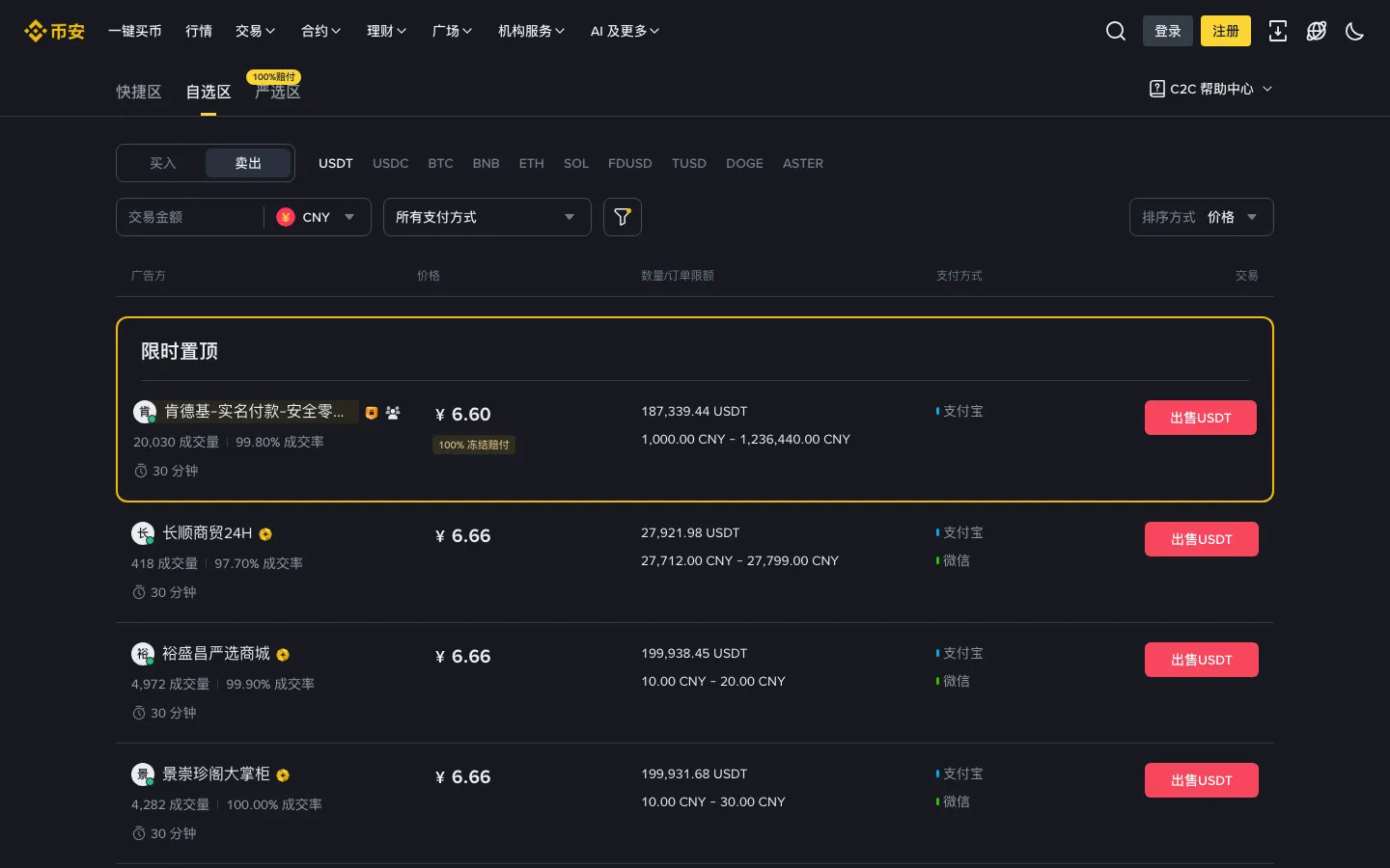 币安 P2P 出售 USDT 列表，重点看商家成交笔数、完成率和认证标识