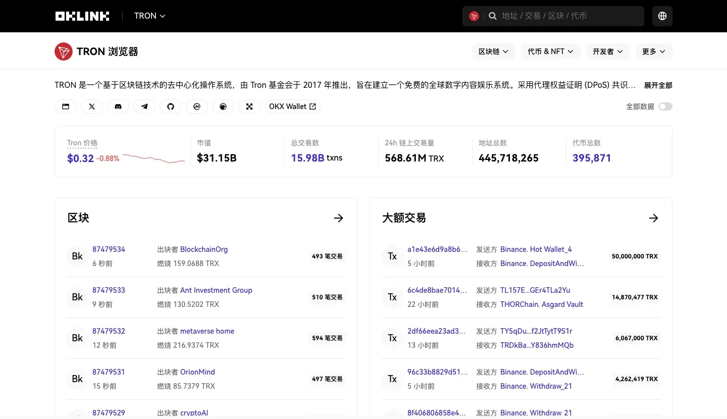 OKLink 波场区块浏览器首页,可输入 TxID 或地址查询转账