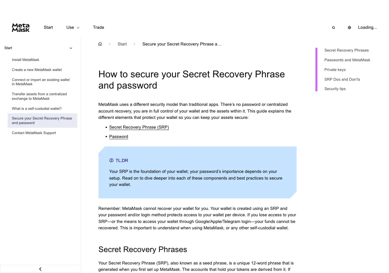 Halaman resmi MetaMask yang menjelaskan keamanan Secret Recovery Phrase dan password wallet