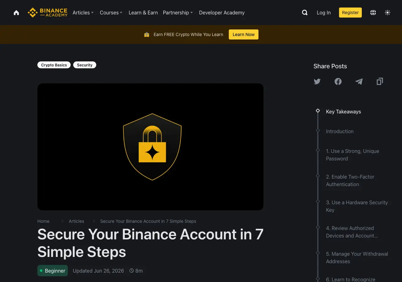 Tampilan artikel keamanan resmi Binance Academy yang membahas 2FA dan pengelolaan alamat penarikan